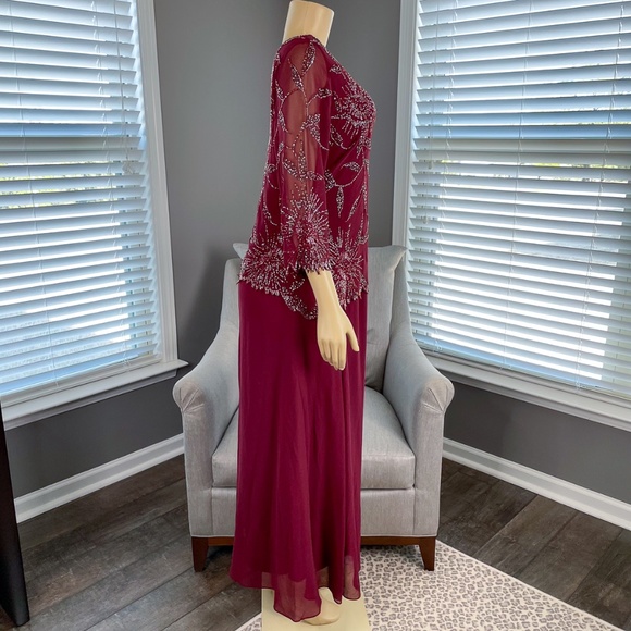 J Kara Women's 3/4 Sleeve Beaded Mock 2 Piece Dress Cranberry/Multi 12P - Picture 8 of 12